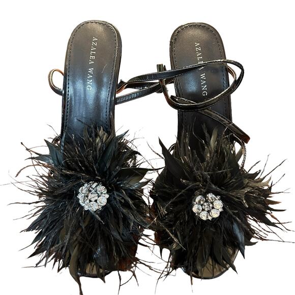 Azalea Wang Heels 6 Black Ankle Strap Feathers Stiletto whimsygoth Witchy NWOB - Picture 4 of 10